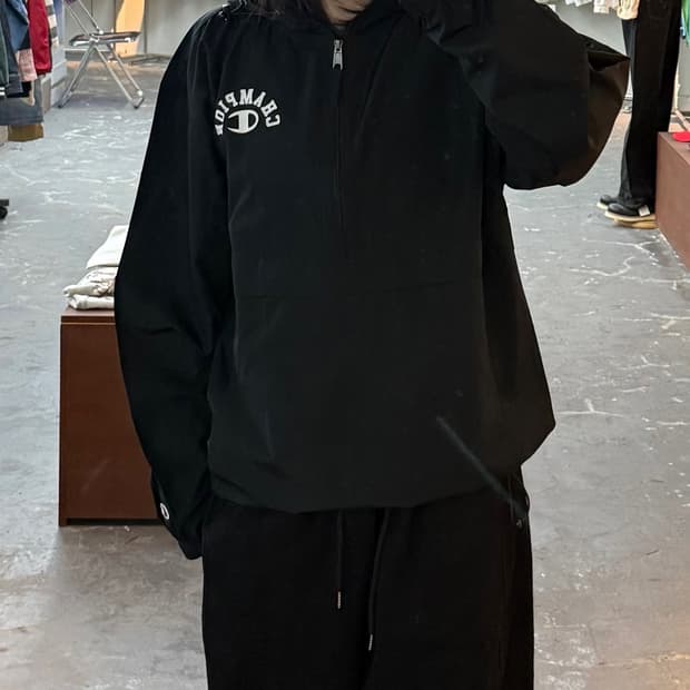 챔피온 아치 로고 빅프린팅 블랙 풀오버 아노락 자켓 H1428