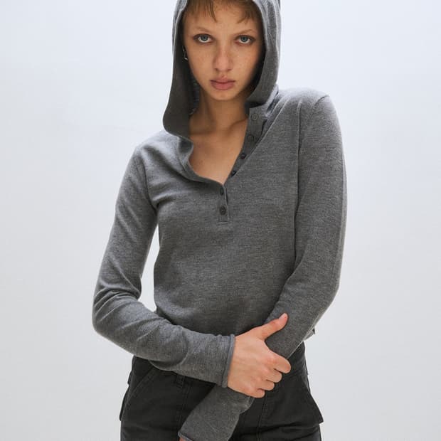 OPEN HOOD KNIT, HEATHER GRAY