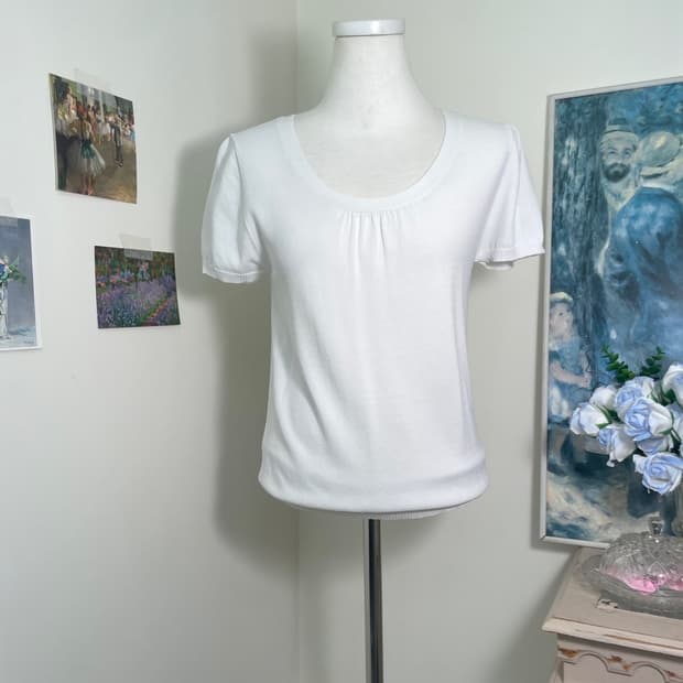 white shirring puff summer knit top