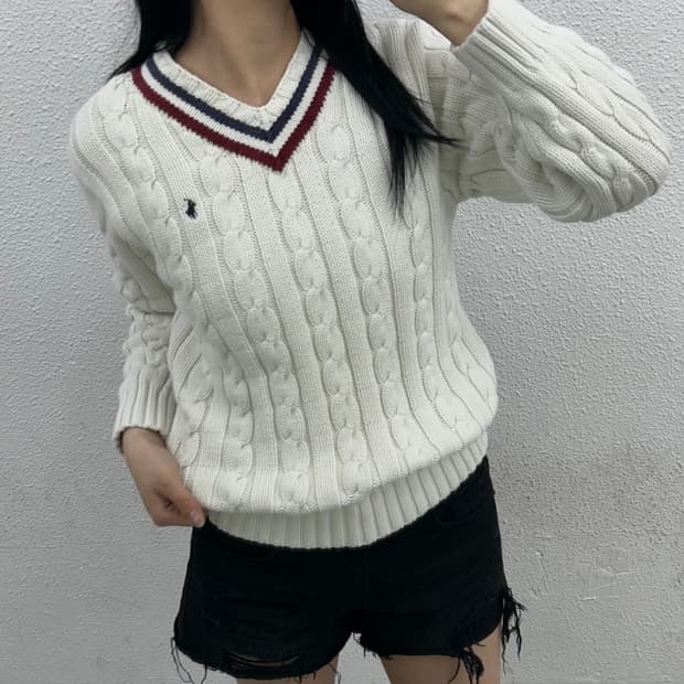폴로 랄프로렌 네이비포니 화이트 꽈배기 브이 도톰 니트 L