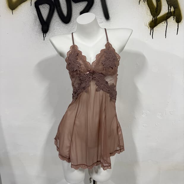 VTG 빈티지 뮤트 핑크 레이스 시스루 리본 슬립