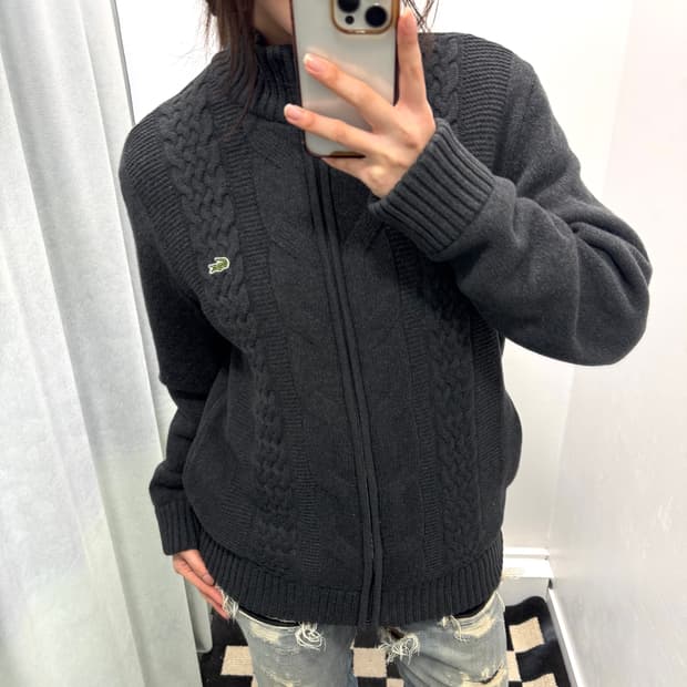 라코스테 그레이 케이블 누빔 니트 집업