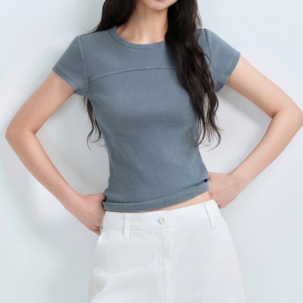 무신사스탠다드우먼 리브드 피그먼트 슬림 티셔츠 s 피콕블루컬러