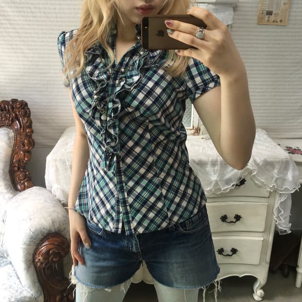 일본빈티지 핀터 민트 체크 러플 퍼프 블라우스