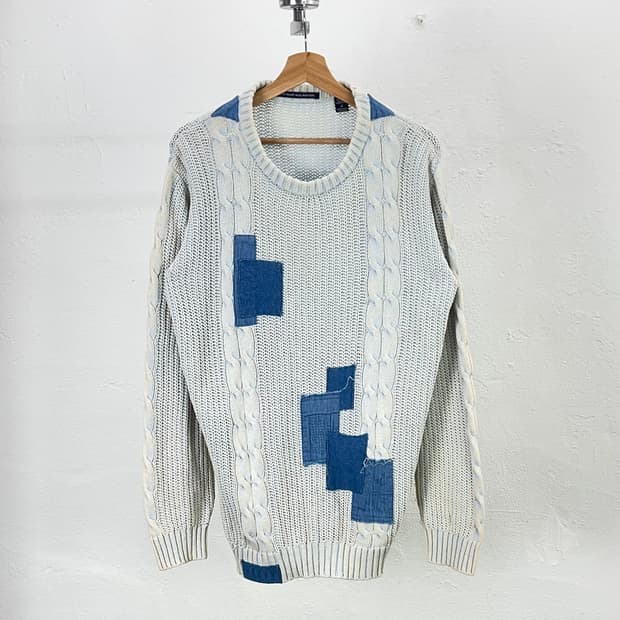 재패니즈 빈티지 인디고 워시드 패치워크 케이블 니트 스웨터