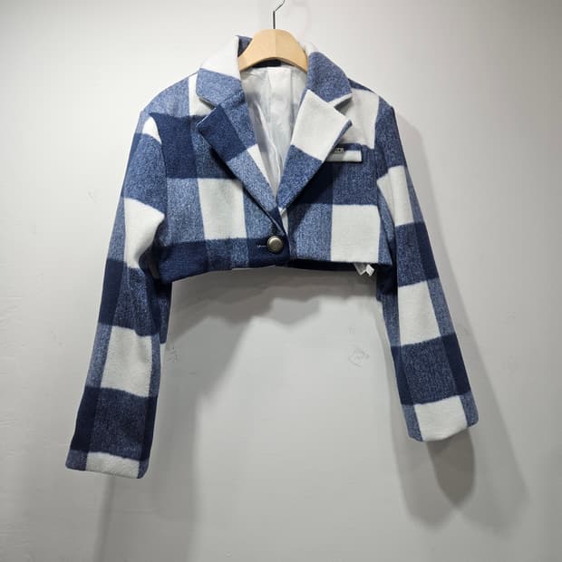 네이비/화이트 체크패턴 크롭자켓 Free