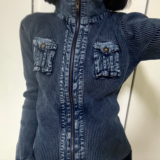 초휘귀)레어 빈티지 데님 포켓 골지 집업 자켓 워싱 y2k
