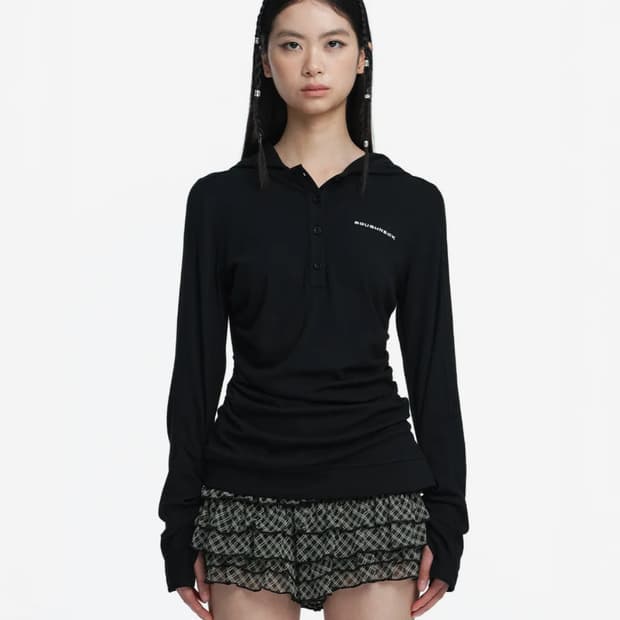 러프넥 헨리 후드 롱 슬리브탑 블랙 M 새상품