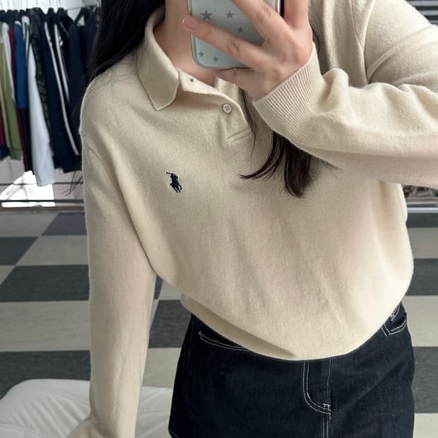 폴로 랄프로렌 아이보리 메리노울 카라 니트 