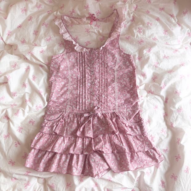 메조피아노 핑크 레이스 홀터넥 롬퍼 프릴 빈티지 히메 갸루  리즈리사