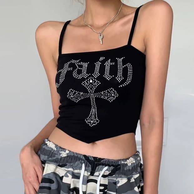 Faith 브이컷 크로스 큐빅 크롭 나시탑 빈티지 오네갸루