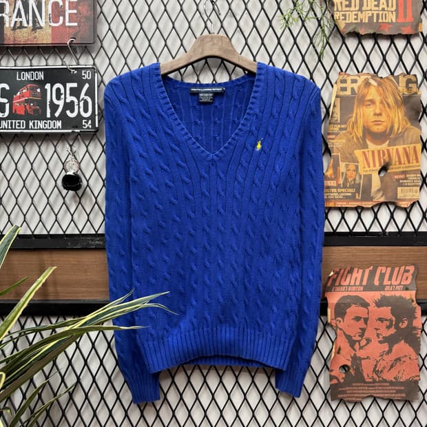 폴로 랄프로렌 케이블 니트 화이트 포니 로고 포인트 블루