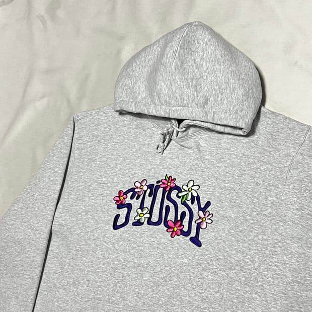 XXL 스투시 플라워 자수 기모 그레이 후드티