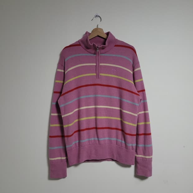 (100) FILA 휠라 핑크 멀티 스트라이프 하프넥 니트