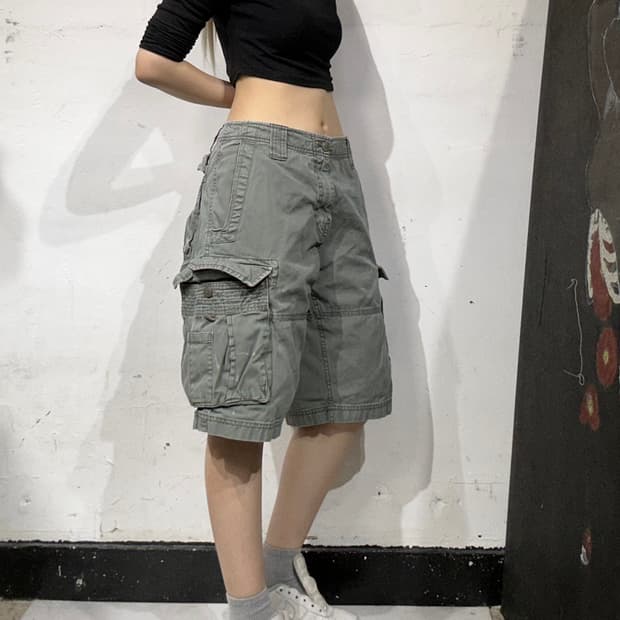 빈티지 카키 와이드 멀티 포켓 카고 반바지 버뮤다 팬츠 