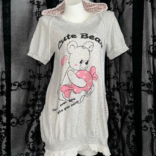 gray cute bear graphic hooded dress