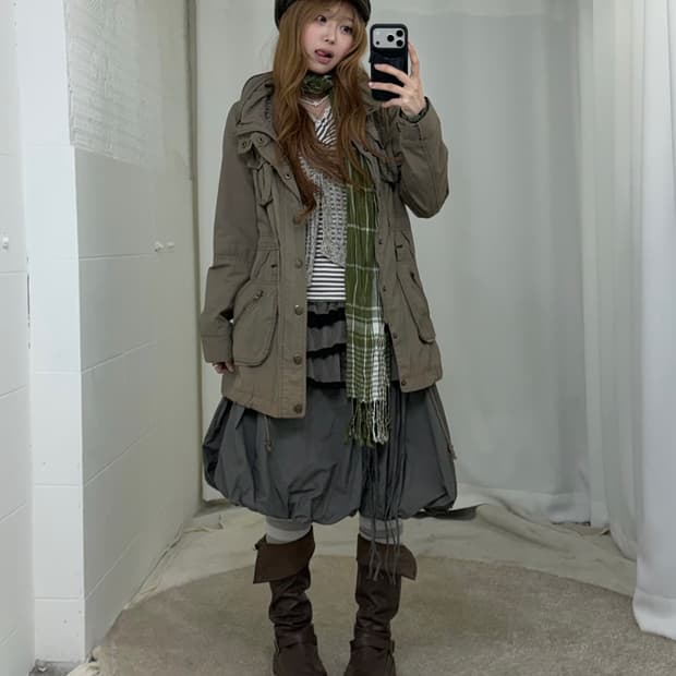 카키 그런지 모리걸 야상 벌룬스커트 코디세트