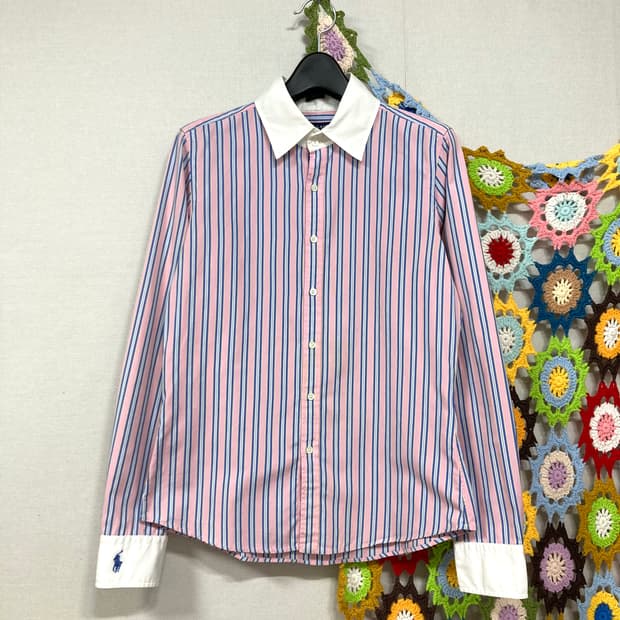 여성 폴로 랄프로렌 소매로고 배색 스트라이프 셔츠 _ 핑크