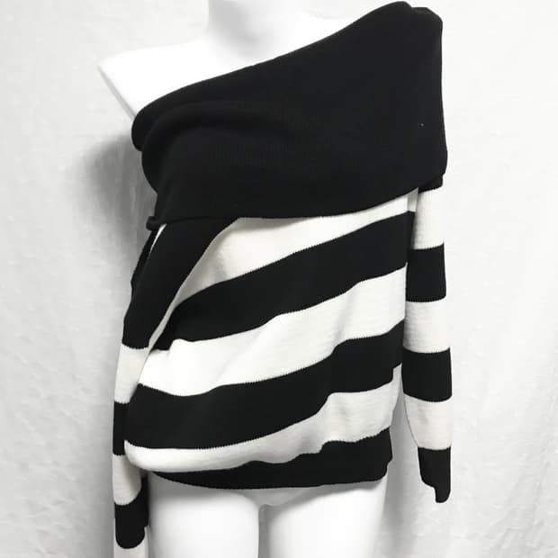 빈티지 에고이스트 갸루 드레이프 오프숄더 스트라이프 니트 탑