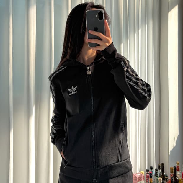 [M]아디다스 블랙 실버 검실 후드 플락 트랙탑 져지