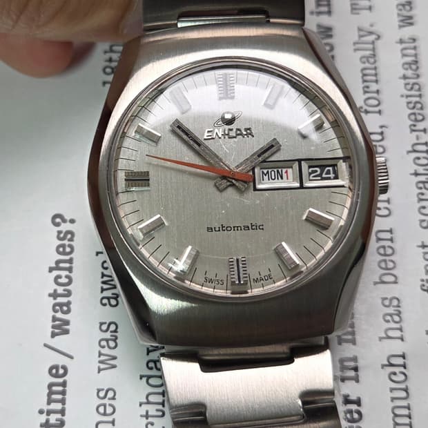 레어] 빈티지 애니카(Enicar) 데이데이트 실버판 오렌지초침 오토매틱