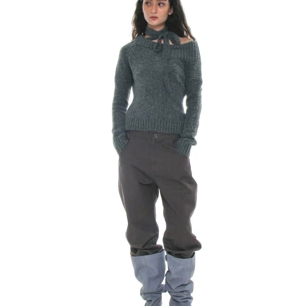 파르티멘토우먼 타이넥 스트랩 언발란스드 니트탑 차콜 리본그레이스카프원숄더