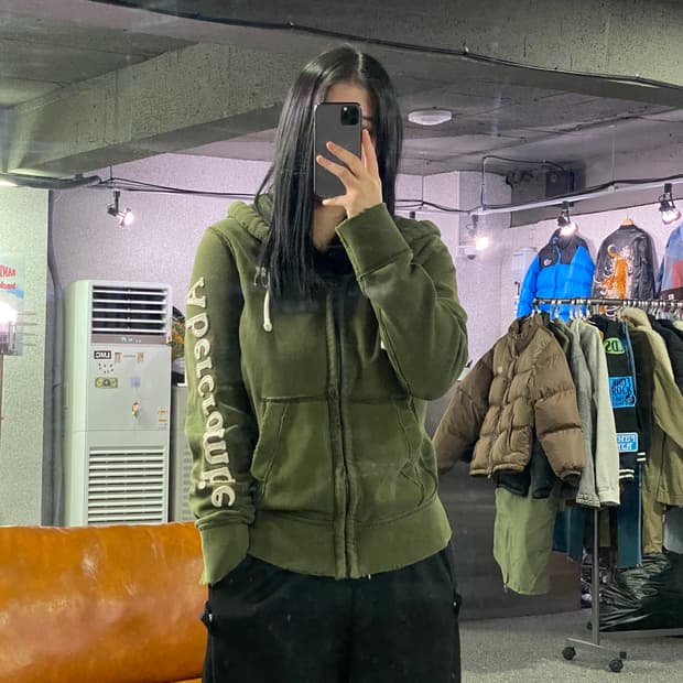 아베크롬비 빈티지 Y2K 스펠로고 카키 후드집업 B3975 