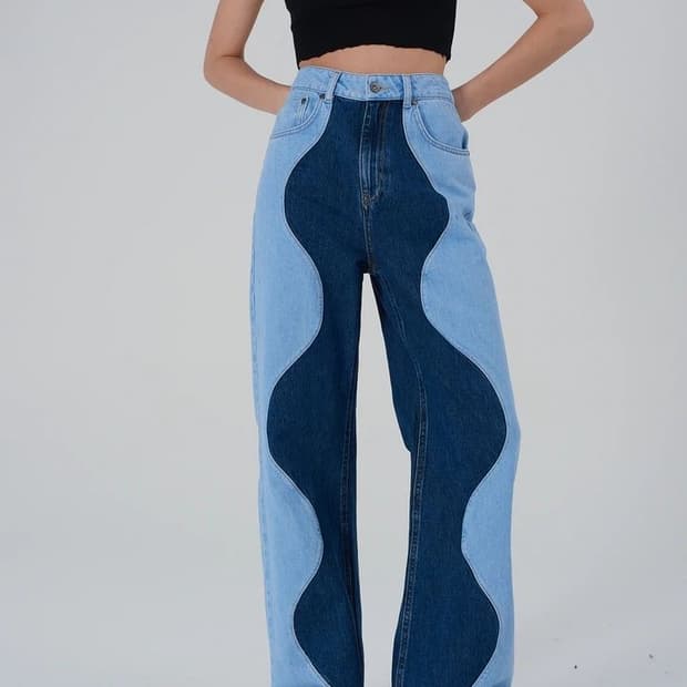 The Ragged Priest 웨이브 투톤 데님 와이드 팬츠 청바지