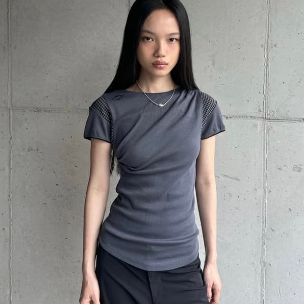 미스치프 카울 체크 블록 탑 차콜 M cowl check block