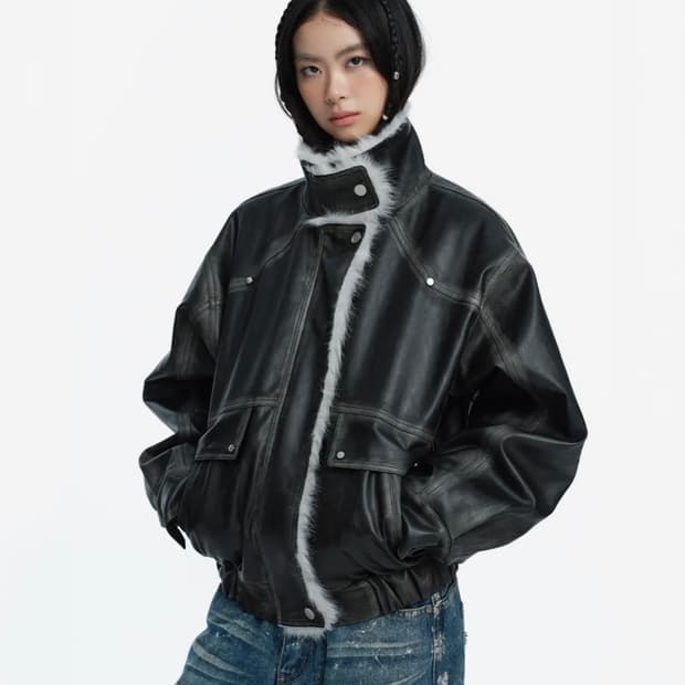 러프넥 워싱 레더 무스탕 자켓 그레이