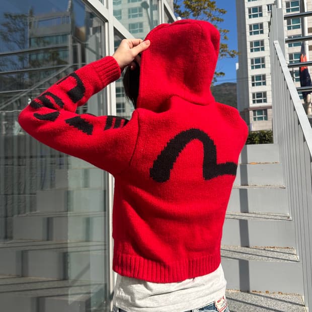 Evisu logo embroidery knit hood zip-up