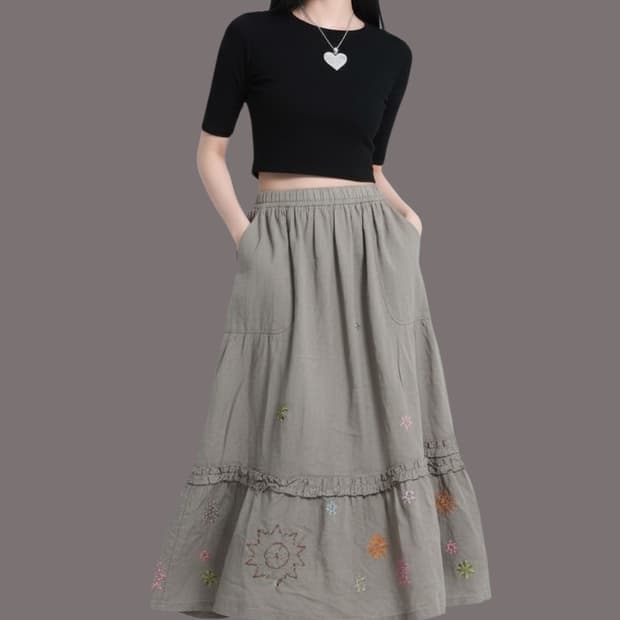 오일릴리 린넨 자수 롱 스커트 F