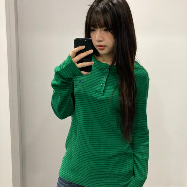 폴로 랄프로렌 스트라이프 헨리넥 롱슬리브