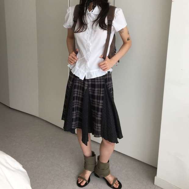 체크 레이어드 밴딩 스커트