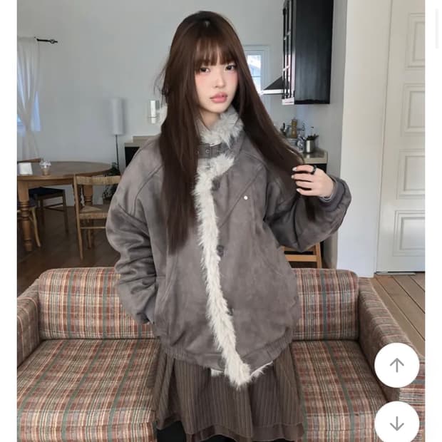 원더원더 드엔 하이넥 누빔 퍼 스웨이드 무스탕 점퍼 그레이