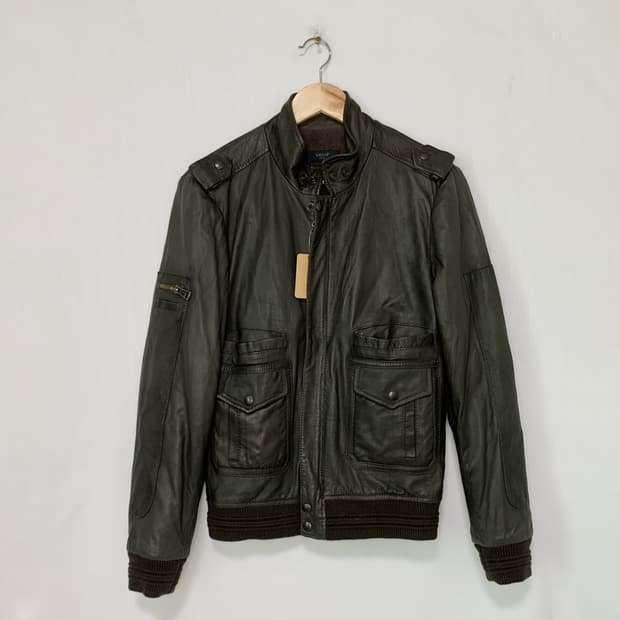 SWORD 빈티지 리얼레더 포켓 니트배색 봄버 양가죽 자켓 다크브라운