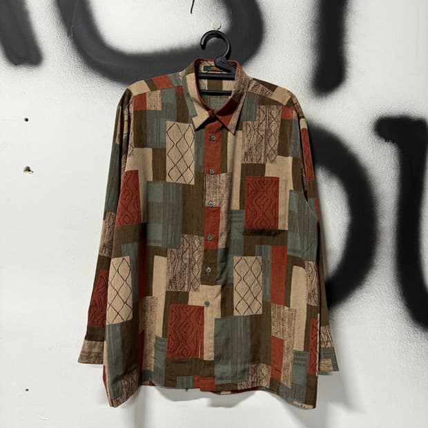 VTG 빈티지 에스닉 기하학 패턴 원포켓 긴팔 셔츠