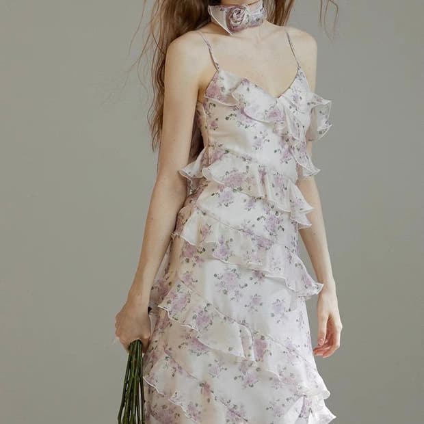 S사이즈) 신스덴 루시 플로랄 프릴 스카프 드레스 휴양지여름나시롱원피스