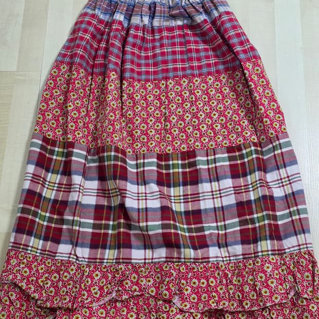 일본빈티지) 패치워크 체크 플로럴 모리걸 롱캉캉 롱스커트