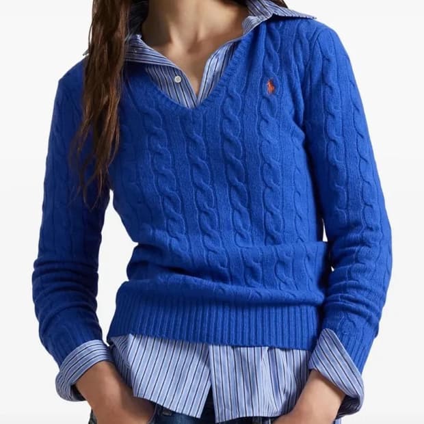 폴로 랄프로렌 100%램스울 케이블 브이넥 니트 블루 M