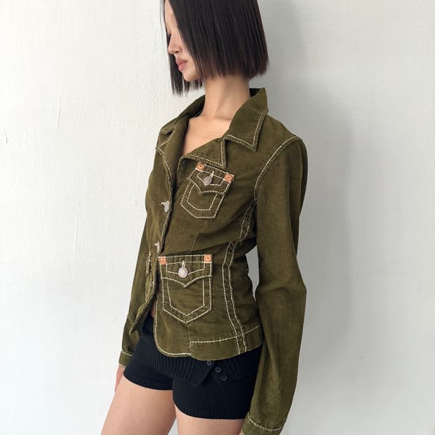 트루릴리전 2000s 카키 코듀로이 벨트 포켓 자켓