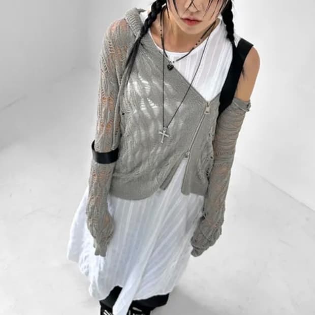 그물시스루 니트 후드집업