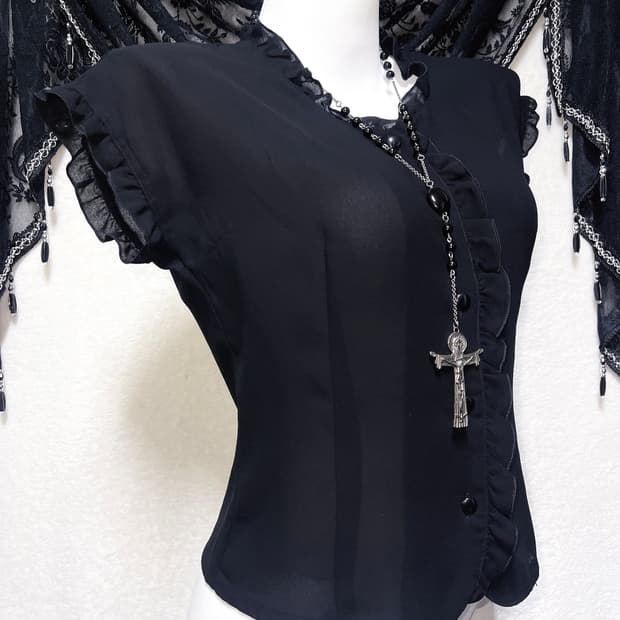 로맨틱고딕 고스로리 블랙 프릴 쉬폰 블라우스 로걀탑 공겜여주 갸루 핀터