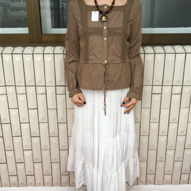 Crochet trimming stripe pattern blouse