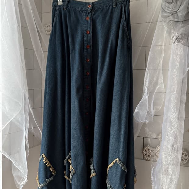 Fringe Patch Button Denim Skirt 0389