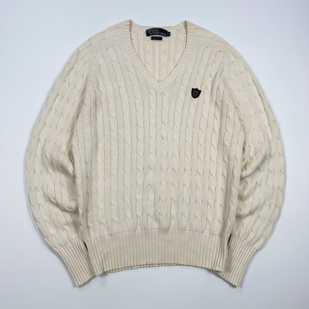 폴로 랄프로렌 올드 아카이브 브이넥 케이블 니트 M