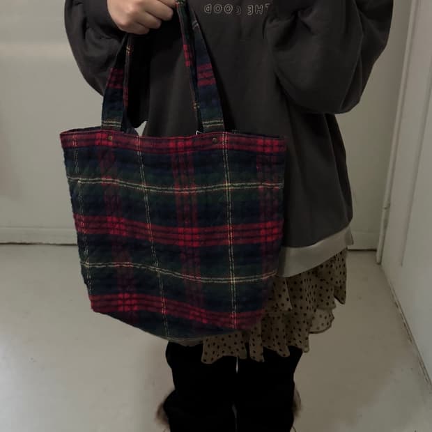 일본빈티지 타탄체크 겨울 토트백