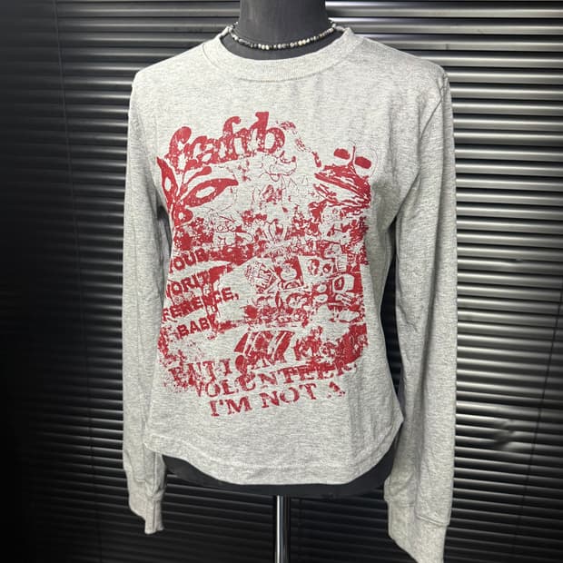 frafrb 프라프랍 프린팅 회색 그레이 버건디 배색 크롭 긴팔 티셔츠