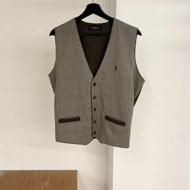 입생로랑 브라운 울 하운드투스 체크 베스트