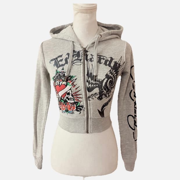 Ed hardy 에드하디 풀업 프린팅 롱 슬리브 크롭 후드집업 